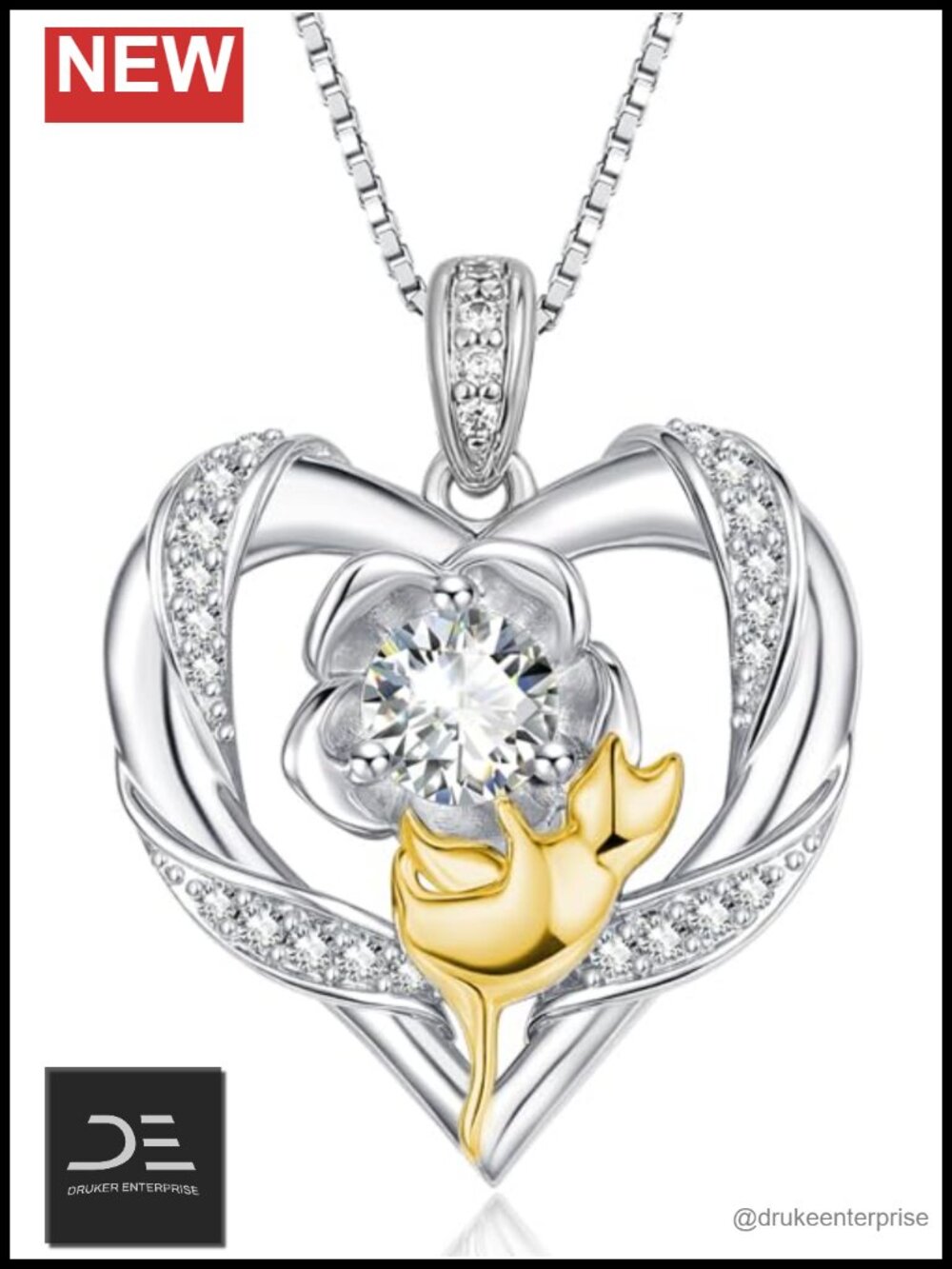 Birthstone Cat Heart Pendant Necklace 18K White Gold Plated 18 Inch Chain